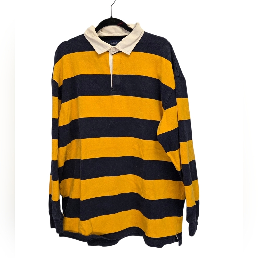 Vintage Y2K John Ashford Rugby Polo Shirt Yellow Blue Striped  Size XL Tall